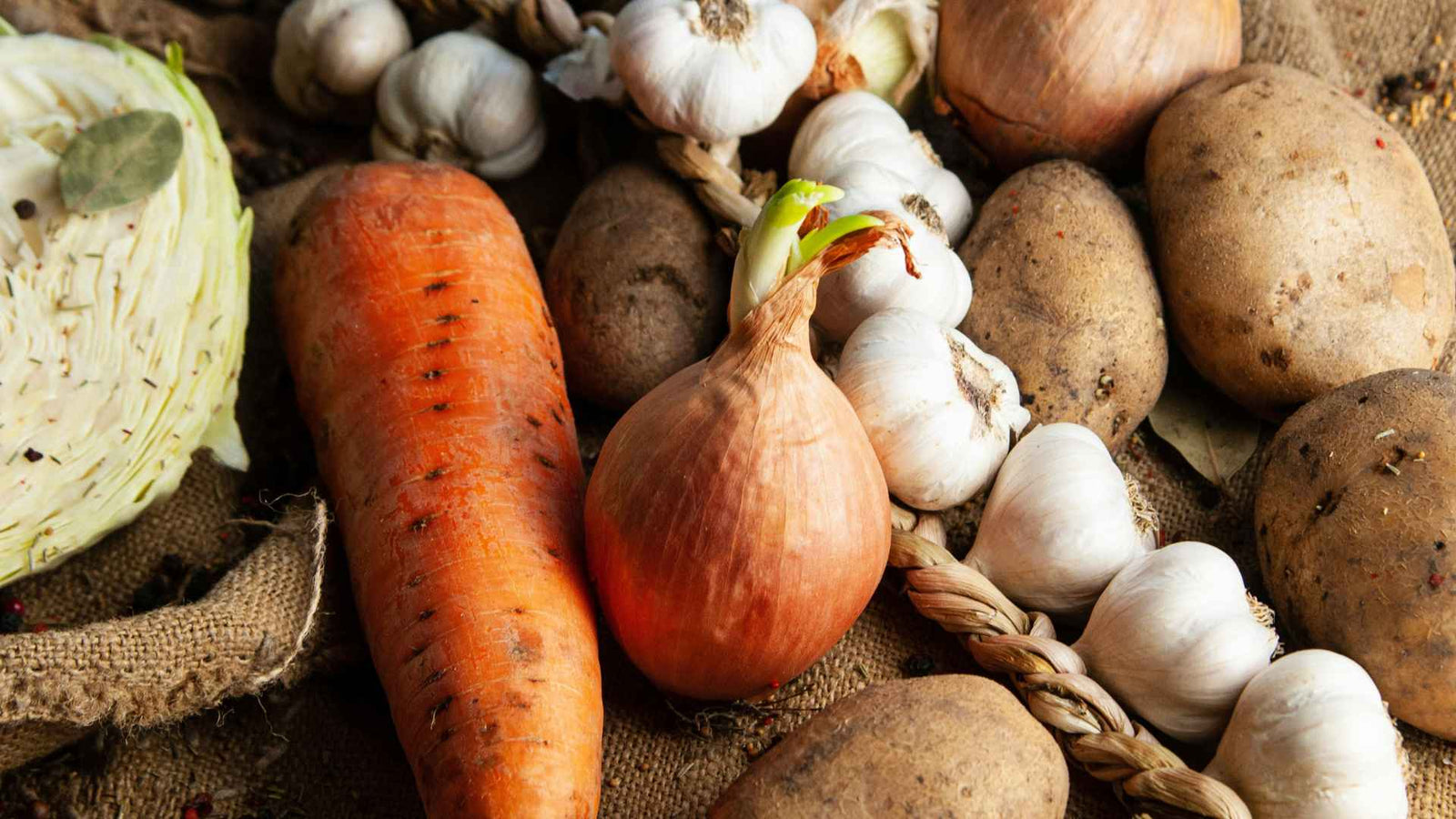 Kartoffeln, Karotten, Knoblauch, Zwiebeln