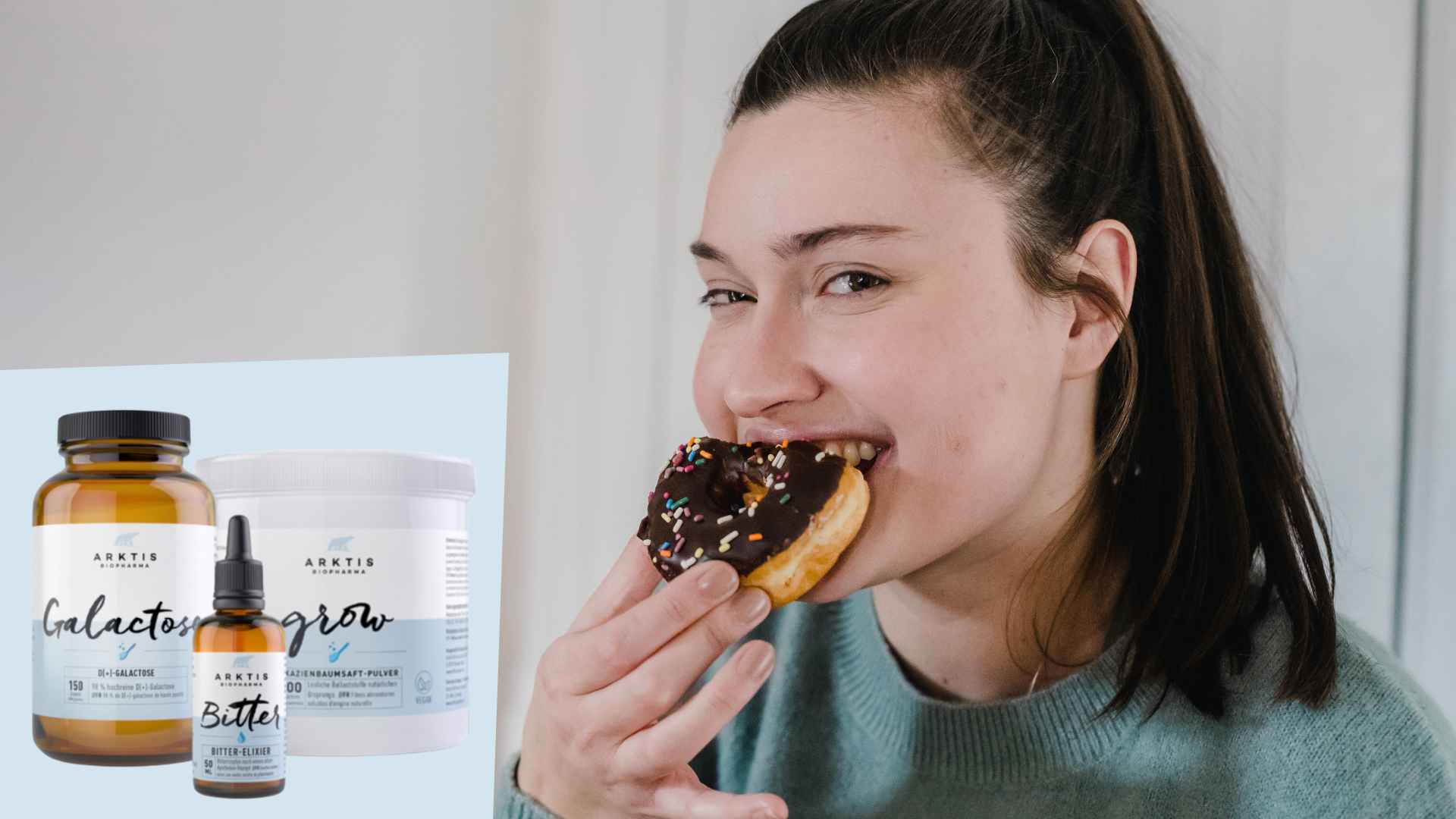 Frau die in einen Donut beisst und unten links das im Podcast erwähnte Produktbundle