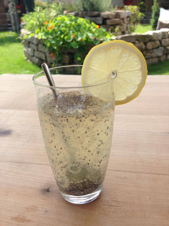 Chia Fresca Chia Getränk mit Zitronenscheibe im Glas