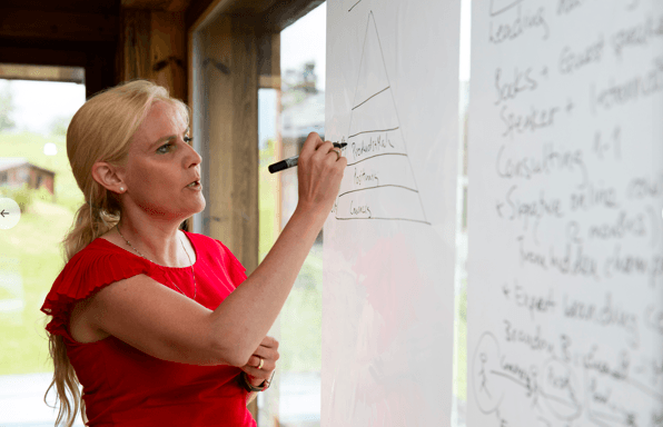 Eine blonde Frau im roten T-Shirt erklärt vor zwei weißen Postern etwas zu Unternehmertum und Ernährung.