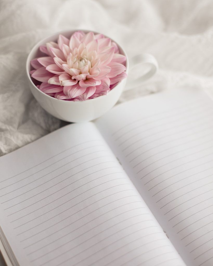 Das Notizbuch, neben dem eine Tasse mit einer rosa Blume darin steht, ist bereit für die Notizen zur Ernährungsumstellung