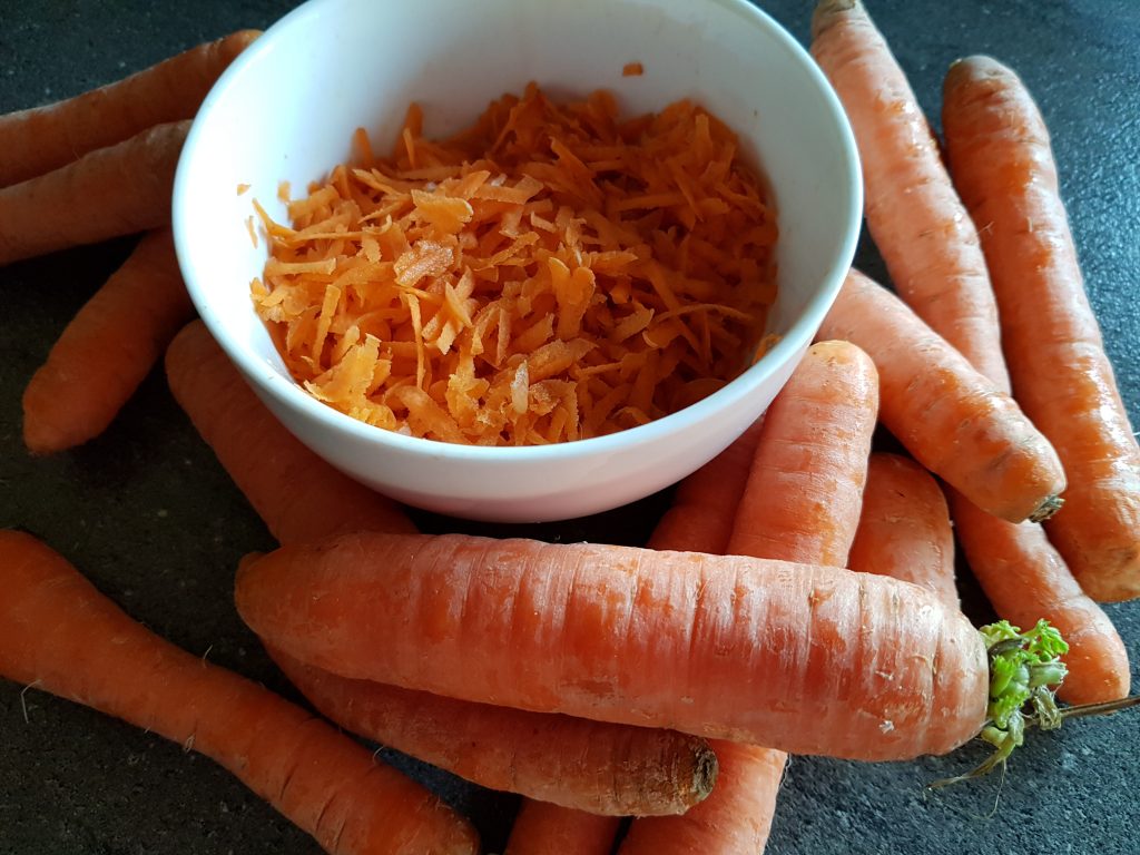 Schüssel Morosche Karottensuppe mit Karotten daneben