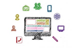 Zeichnung eines Monitors umgeben mit Online Icons